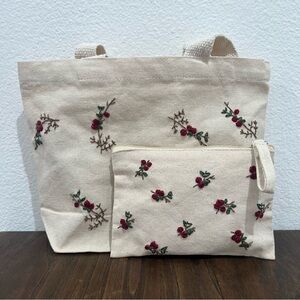 Embroidered Floral Canvas Tote Bag with Matching Pouch